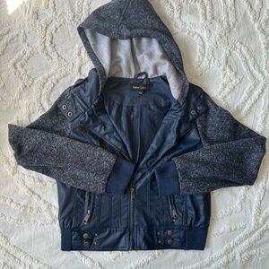 New Look Blue Faux Leather Bomber Jacket with Gray Knit Sleeves and Hood Size x